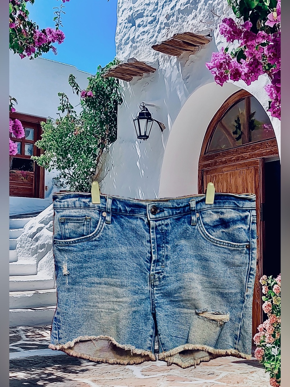 Earnest Sewn ButtonFly Light Blue Denim Jean Distressed Shorts  sz 32